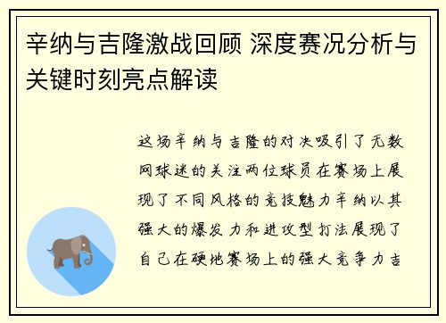 辛纳与吉隆激战回顾 深度赛况分析与关键时刻亮点解读